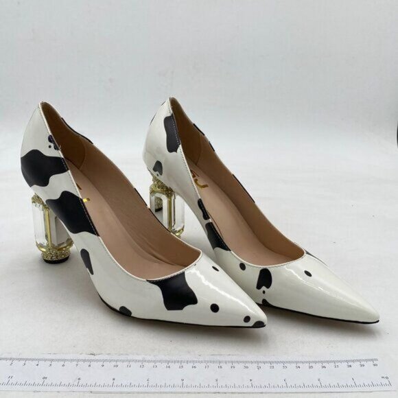FSJ Cow Pointed Toe Chunky Block High Heel Crystal Pumps Slip on Wedding Shoes - Picture 4 of 8
